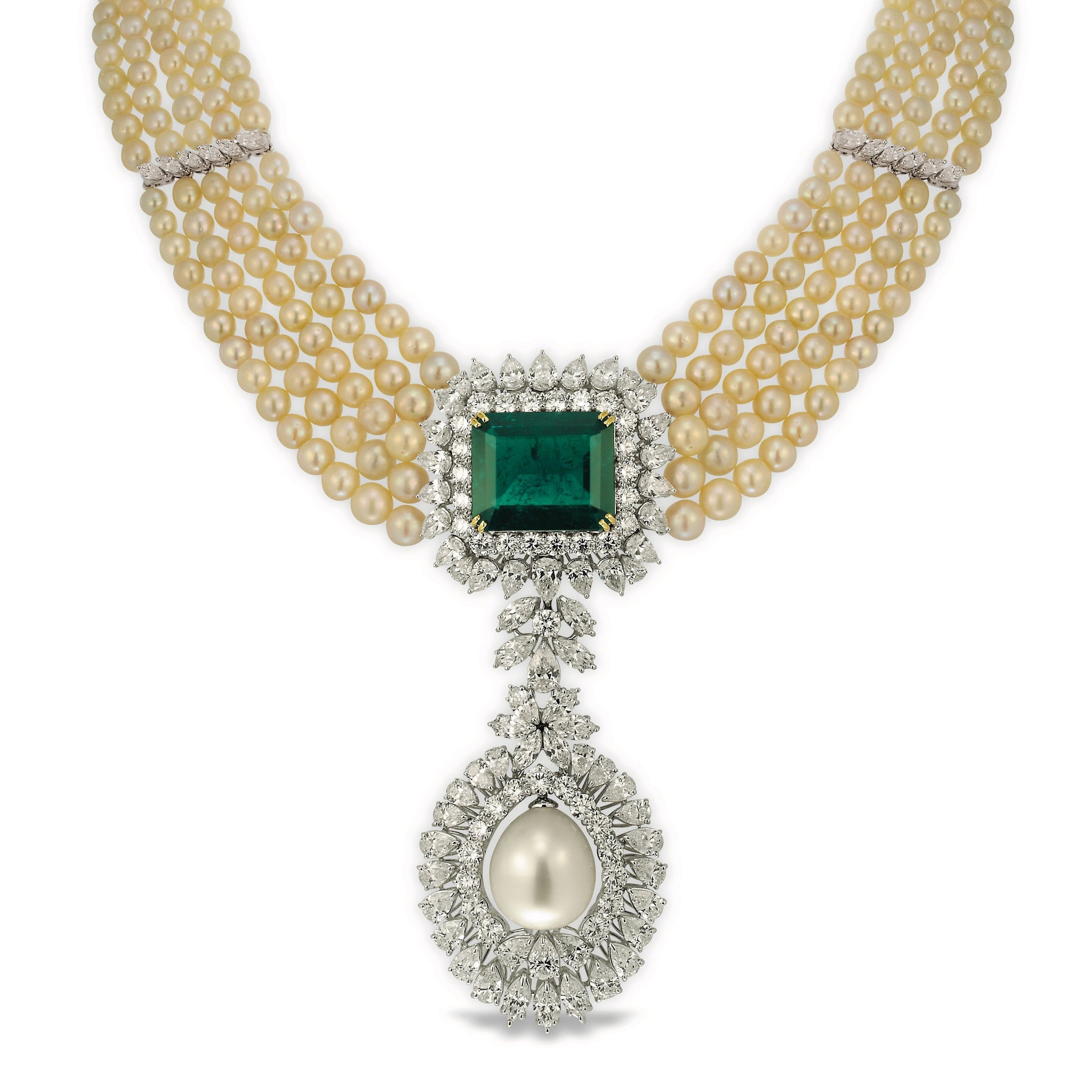 Esmeralda Regia necklace of five golden South Sea pearl strands with a 22 carat Colombian emerald