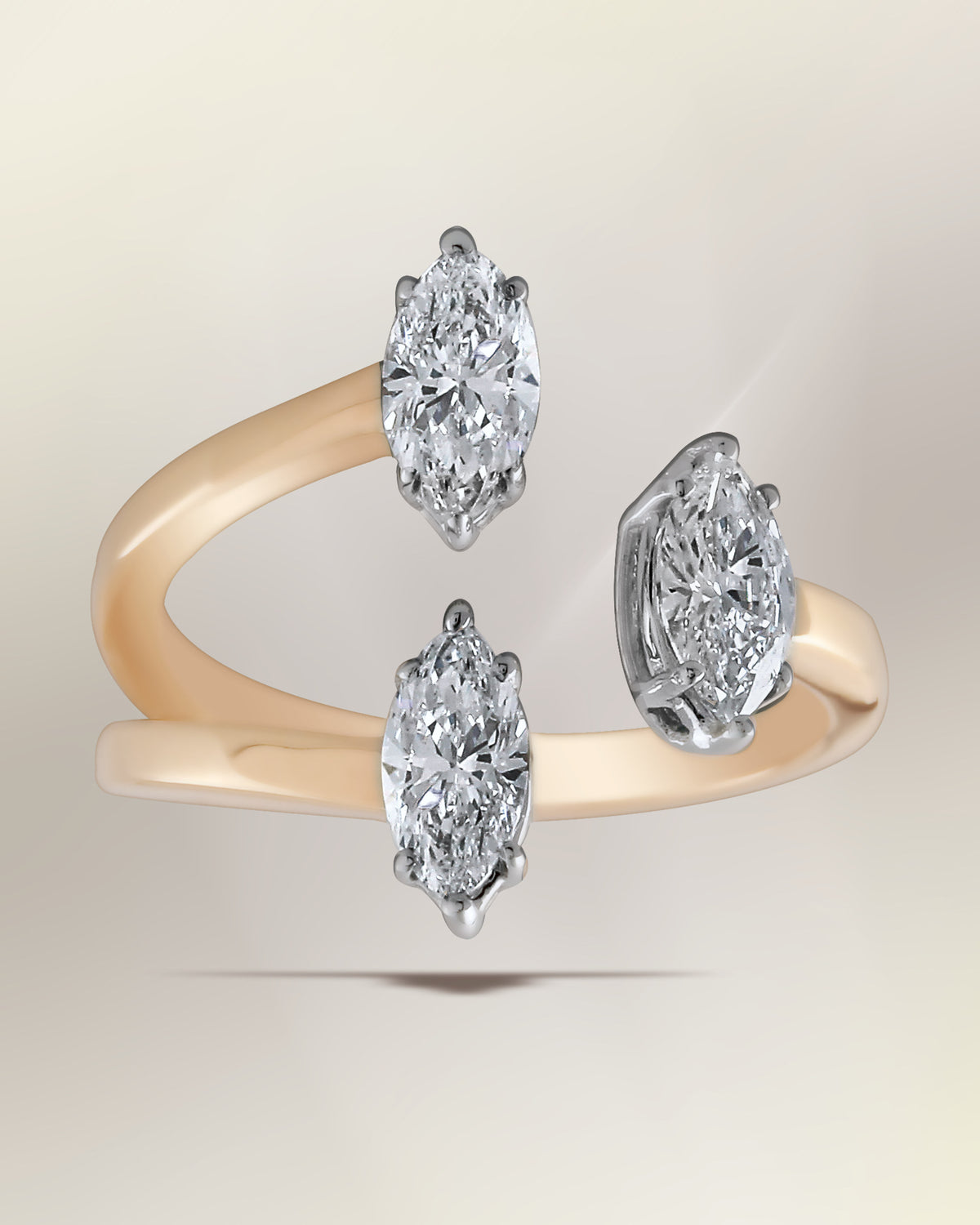 An open diamond ring on pale silk.