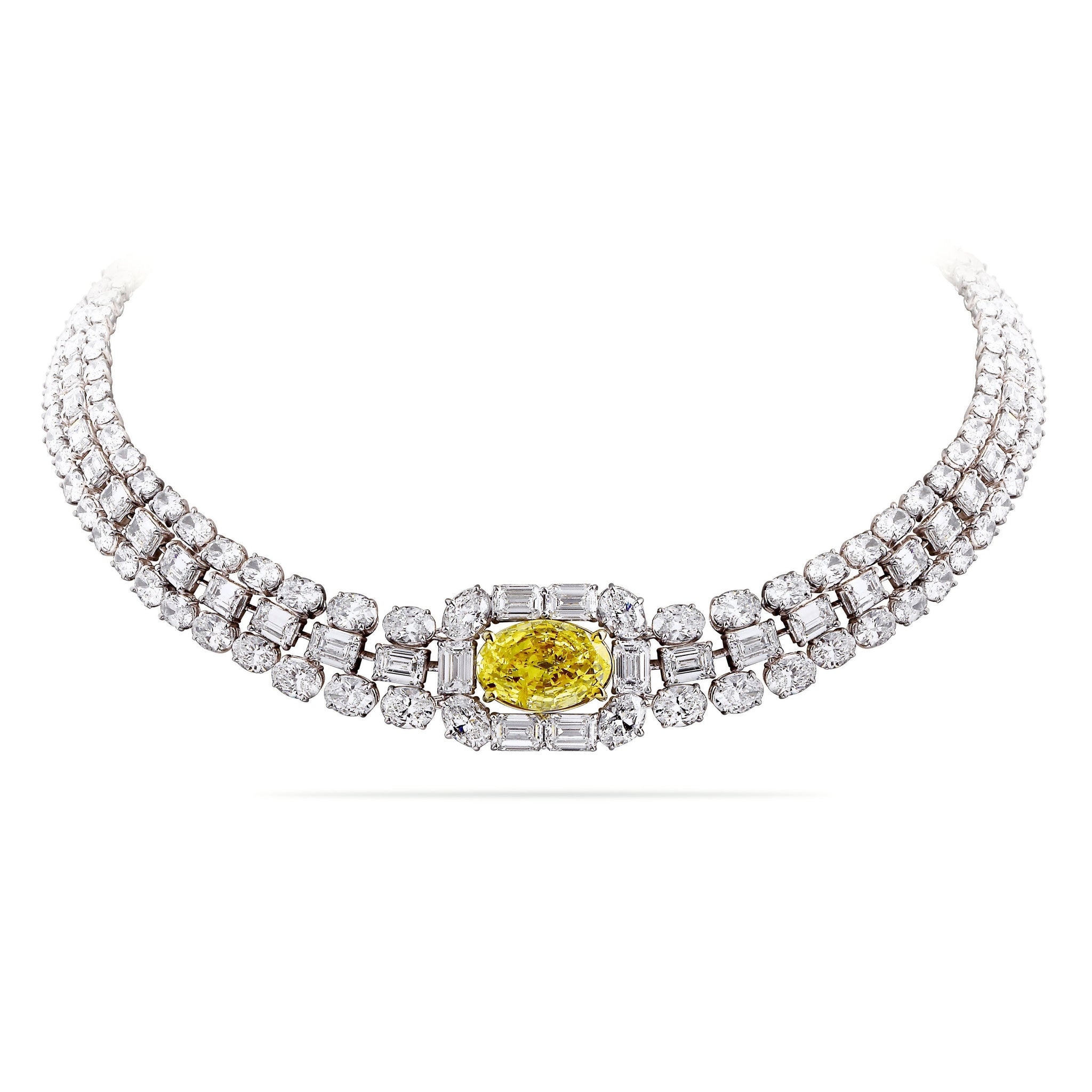 Seirios necklace, three rows of white diamonds with a fancy yellow oval diamond at the centre