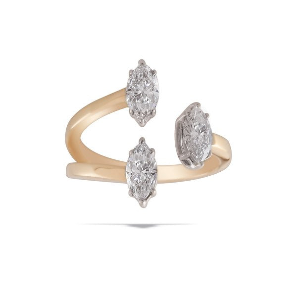 An open bypass ring in rose gold, set with three marquise diamonds in white gold six-prong baskets.